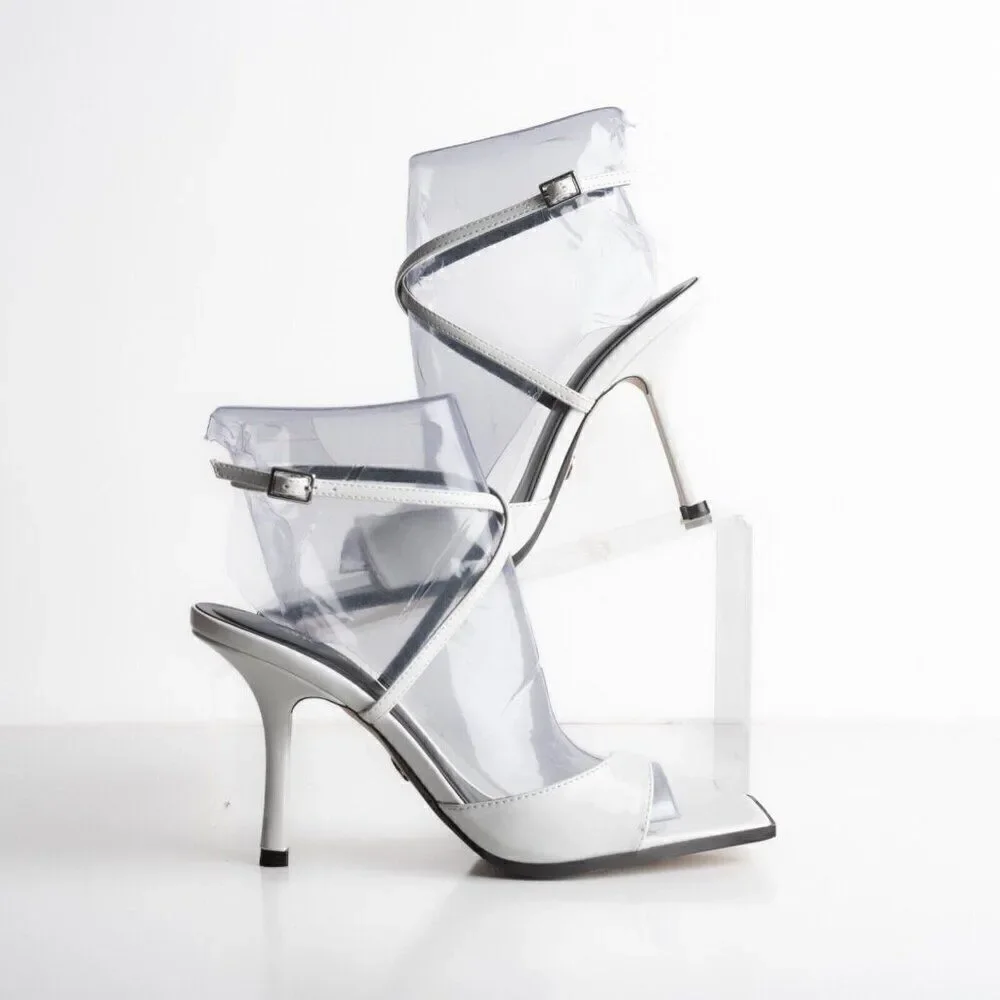 Zara Womens White Faux Leather Sandals Heels asymmetric strap US 7.5 EU 38 NWT - Picture 2 of 8